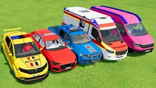 TRANSPORTING POLICE CARS, AMBULANCE, FIRE TRUCK, COLORFUL CARS WITH TRUCK -FARMING SIMULATOR 22!,