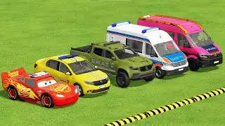 TRANSPORTING DACIA, MCQUEEN CAR, FORD POLICE CAR, AMBULANCE EMERGENCY WITH MAN TRUCKS FS22 #71