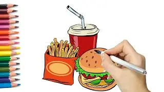 fast food drawing | How to color Fast food | french fries, Burger, cold drink coloring