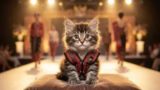 Двухнедельный котенок породы мейн-кун дефилирует по подиуму в традиционной индонезийской одежде.