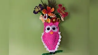 Owl design wall hanging flower vase with crochet.