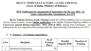 HEAVY VEHICLES FACTORY, AVADI,CHENNAI ||Ministry of Defence ||Engagement of Apprentices||Vacancy-214