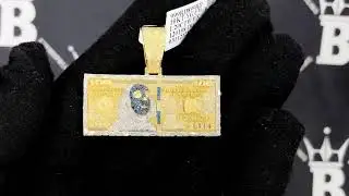 $100 Bill Baguette Blue Diamond Pendant 1.20cttw 10K Yellow Gold | Real Hip Hop Bling Jewelry