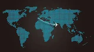 Digital dot matrix world map info graphic with jet leaving spain to india graphic illustration