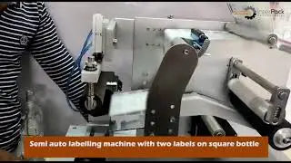 Semi-automatic labelling machine with two labels on a square bottle