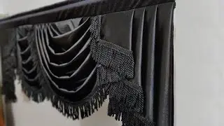 Custom black swag valances | window valance idea - black stage curtains with black fringe