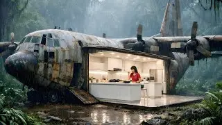 Built a Stark-White Luxury Kitchen Inside an Abandoned C-130 Plane — Rainy Jungle ASMR