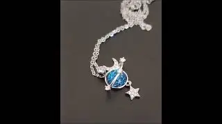 Necklace - Silver & Blue Colour Celestial Opal / Moon/ Planet / Stars /Diamant&eacute;s