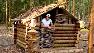 Building Off-Grid Log Cabin Tiny Home w Natural Materials & Hand Tools - Bushcraft Survival Shelter