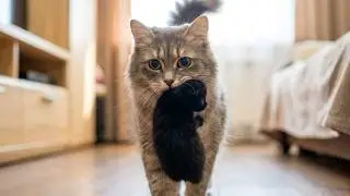 Мама-кошка знакомит котят с хозяином | Мама-кошка показывает своих новорожденных котят