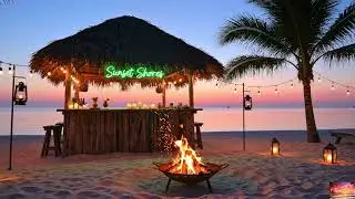 Sunset Shores- Beach Bar Ambience | Crackling Fire Pit, Ocean Waves & Golden Sunset