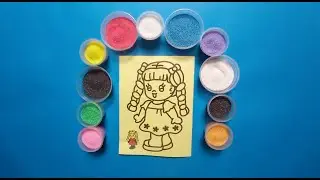 Coloring a picture of a beautiful long haired princess with colorfulsand-컬러 샌드 페인팅, 아름다운 소녀들의 컬러링 사진