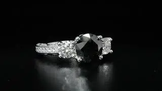 Natural Round Cut Fancy Black 3 Stone Pave Diamond Engagement Ring - GIA Certified