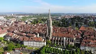 Drone footage Bern Minster Church Tower Switzerland