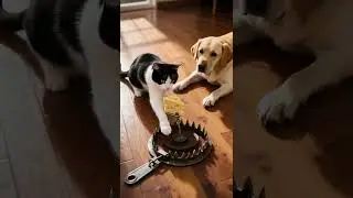 Paws of Curiosity: Cat Meets Mousetrap with Lab Watching  ニャンと挑戦？チーズに手を出すニャンこに、ワンコはハラハラ