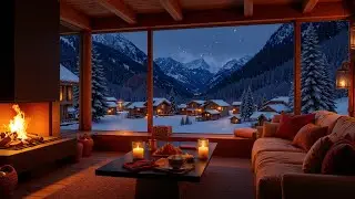 A Quiet Winter Night Inside a Mountain Cabin Overlooking a Snowy Village ❄️ Fireplace & Smooth Jazz