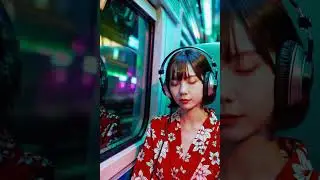 young Japanese woman wearing a red kimono and headphones