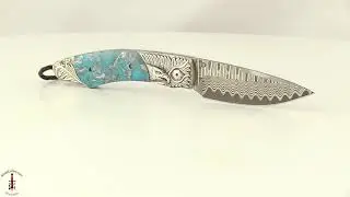 B12 - Soar - with Wave San Mai Damascus, Turquoise, and Carved Sterling Silver