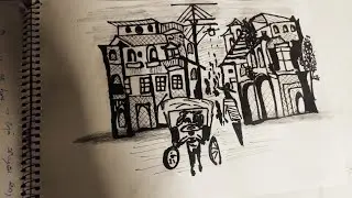 #vintage city drawing🖤#black pen drawing#How to draw scenery with black pen#shadow art#step by step