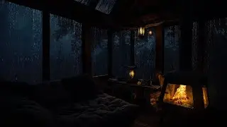 Cabin in the Woods with Warm Fireplace Glow on a Calm Rainy Night for Relaxation