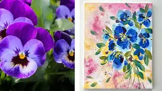 Как нарисовать отдельные цветки анютиных глазок акриловыми красками