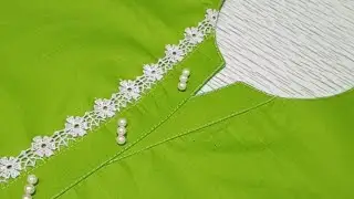 Simple Winter Kurti Neck Design With Flower Lace And Pearls Full Stitching 2024 | amnakastudio