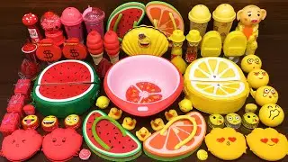 RED WATERMELON vs YELLOW LEMON ! Mixing Random Things into CLEAR Slime! Satisfying Slime, ASMR slime