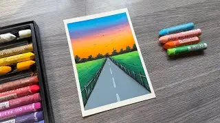 Easy Road Scenery Drawing at Sunset | Step-by-Step Oil Pastel Art