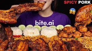 SPICY PORK RIBS CURRY🔥 + JUICY CHICKEN LEG PIECE🍗 | AALU BHUJURI, RICE & GRAVY | MUKBANG