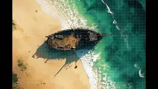 DnD compatible animated map _ Old Boat on Serene Beach _ square grid _ ambient sounds for VTT