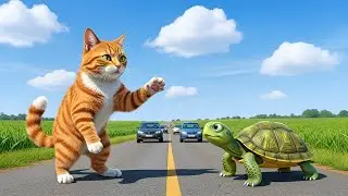 Mama Cat Bravely Stops Traffic to Help a Lost Baby Turtle Cross Safely ❤️🐱🐢