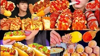 ASMR EATING CRISPY CORN DOGS & HOT DOGS WITH CHEESY TTEOKBOKKI