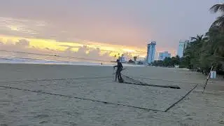 Installing an OwnBT Beach Tennis Court System in Puerto Rico with a beautiful sunrise