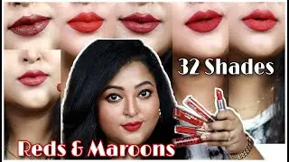 RED & MAROON LIPSTICKS|| 32 Shades|| AFFORDABLES/EXPENSIVE|| For All Skintones|| REVIEW & SWATCHES