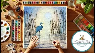 Try Painting This EASY Blue Heron Landscape in Watercolor / For Beginners