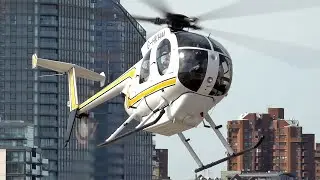 Helicopter Hughes 369D / MD500D cargo pod landing and take off at London Battersea heliport | avgeek