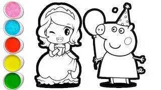 Peppa pig with princess drawing and coloring for kids and toddlers || easy peppa pig drawing for kid