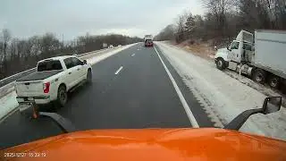 Icy Highway and Side of Road Accident. Semi Trailer Run off Road!