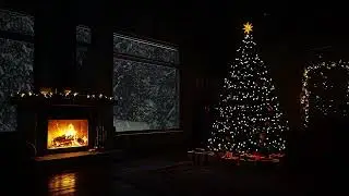 Snowy Cabin at Night | Warm Fireplace Ambience and Cold Winter Winds for Restful Sleep