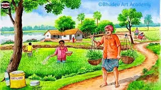 Indian Village Farmer Painting With Watercolor|How To Draw Easy Village Farmer Painting With Scenary