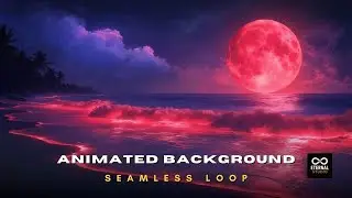 Animated Background - Moonlight Tropical Beach | Magical Neon Red Waves Nighttime Ocean
