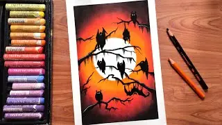Halloween Oil Pastel Drawing for beginners | Spooky Birds Oil Pastel Painting