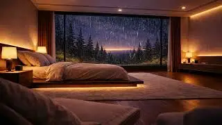 Safe in the Rain-Heavy Rain in a Pine Forest at Night Through Bedroom Window (1 Hour) for Deep Sleep