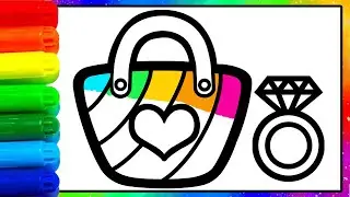 Drawing and Coloring Heart Rainbow Handbag and Diamond Ring