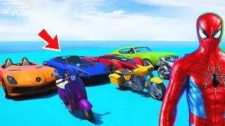 SPIDERMAN CARS Race Challenge on MEGA RAMPA ! SUPERHERO THANOS Flash Iron Spider Venom in GTA 5