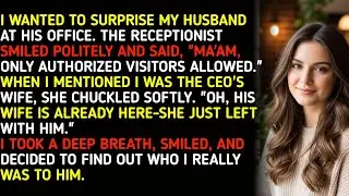 I WANTED TO SURPRISE MY HUSBAND AT HIS OFFICE. THE RECEPTIONIST SMILED POLITELY AND SAID, 