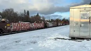 BNSF empty container, freight train in the snow in Rathdrum ￼