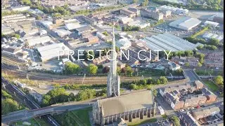 Preston city aerial view in 4K - DJI Mini 2 Drone shots.Aerial footage of the sun setting.
