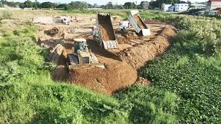 Great Heavy Equipment Working Excavator Bulldozer Dump Truck Land Filling Up Process