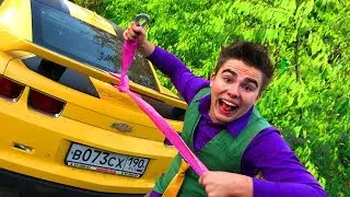 Mr. Joe tied Car with Rope VS Red Man on Chevrolet Camaro Started Funny Race for Kids